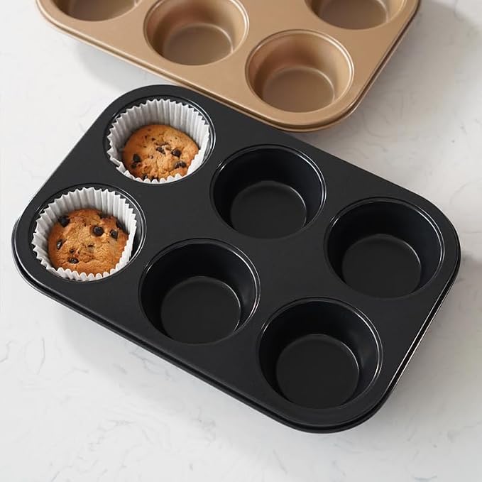 Premium Non-Stick Muffin Baking Pan,6-Cup cake Pan Set of 2(Black) | Even Heat Distribution,Rustproof & Dishwasher Safe,Food-Grade 304 Stainless Steel Muffin Mold for Home Baking,Ideal Gift