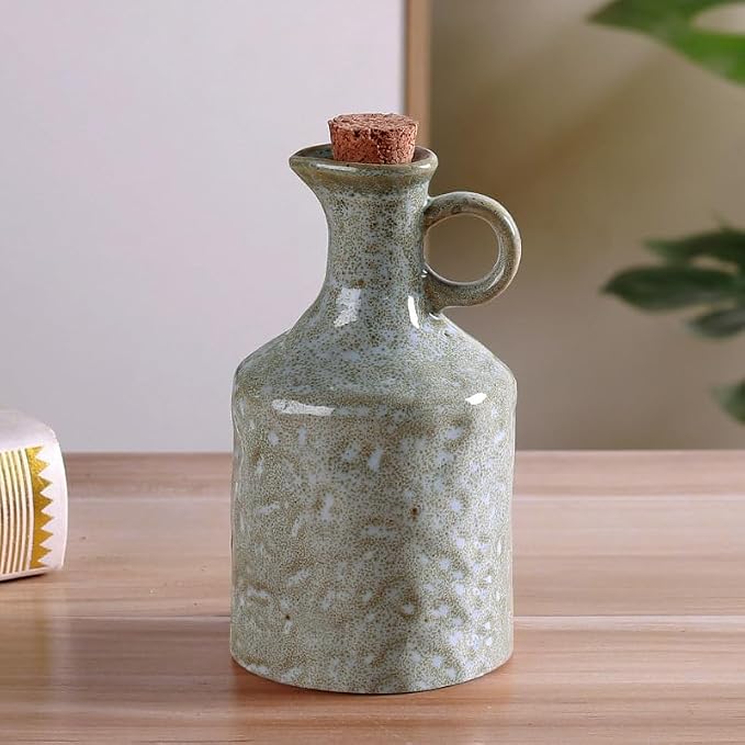 Green Ceramic Olive Oil Dispenser Bottle with Cork Stopper 13.5Oz | Reactive Glaze Texture Oil Bottle, Leak Proof Small Spout,Great for Storing Vinegar, Wine, Soy Sauce, Lemon Juice