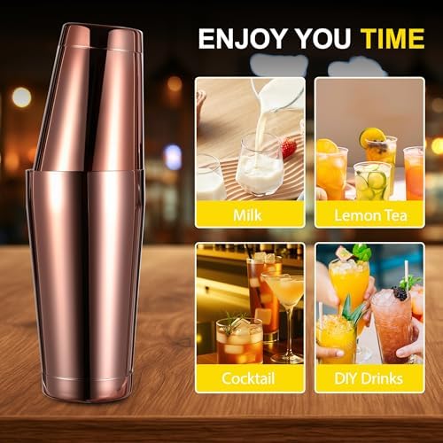 Boston Shaker Set, 18oz & 28oz 2-Piece Tins, Professional 304 Stainless Steel Cocktail Shaker with Leak-Proof Weighted Base for Bartending, Home & Bar Use (RoseGold)