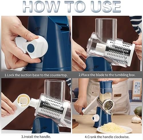 Cambom Rotary Cheese Grater Hand Crank Cheese Shredder for Fresh Cheese, Vegetable, Nuts,Non-slip Suction Base,Three Blades,Dark Blue