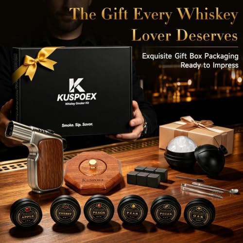 Whiskey Smoker Kit with Torch - 6 Flavors Wood Chips, Ice Ball Mold & Stone Ice Cubes – Complete Cocktail Smoking Set for Bourbon, Old Fashioned, Gifts for Men Dad Husband, Valentine's Day Gifts