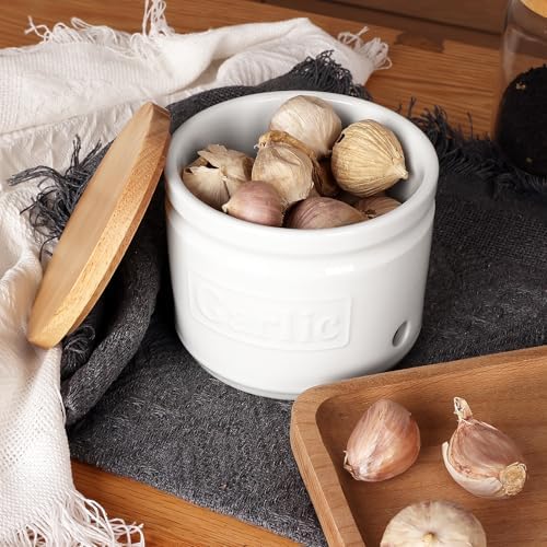 ONTUBE Ceramic Garlic Keeper with Wooden Lid 4-Inch,Garlic Holder (White)