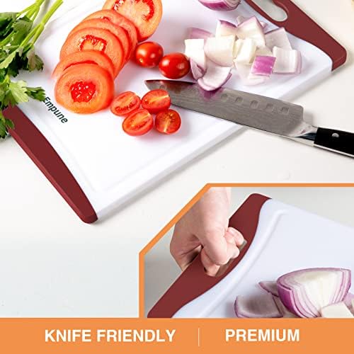 Empune BPA-Free Plastic Cutting Board for Kitchen with Juice Grooves, Extra Large Dishwasher Safe Cutting Boards Set of 4 with Handles, Thick Non-Slip Chopping Board for Meat, Fruit and Chicken, Red