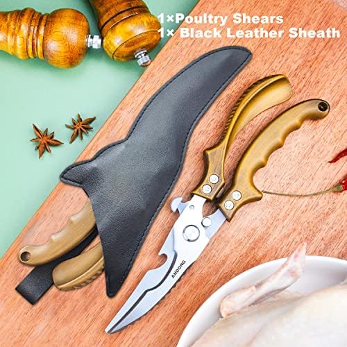 ANDONG Kitchen Shears - Heavy Duty Stainless Steel Poultry, Meat & Bone Scissors with Black Leather Sheath for Food