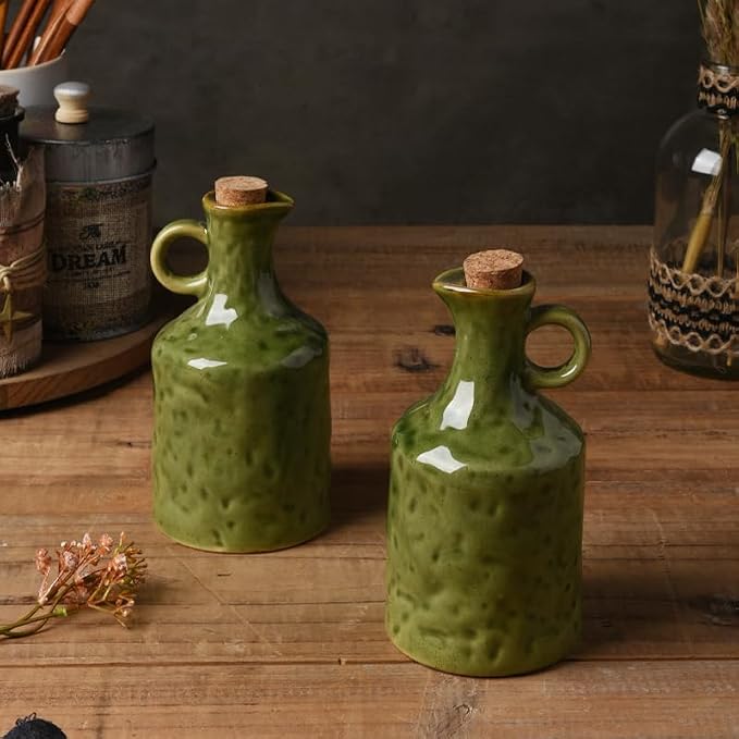 13.5oz Olive Green Ceramic Olive Oil Dispenser with Cork Stopper | , Reactive Glaze Bottle, Leak-Proof Small Spout, Ideal for Kitchen Storage of Vinegar, Wine, Soy Sauce and Lemon Juice