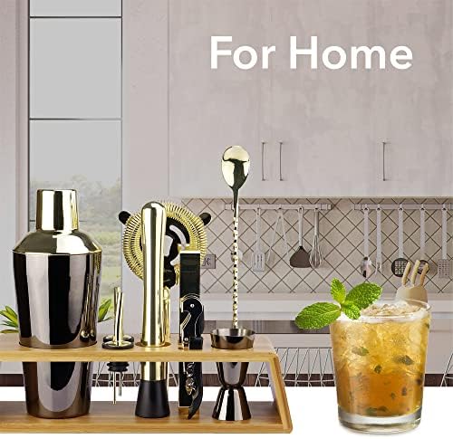 Arora 10Pcs Bartender Kit Bar Set, 24OZ Black & Gold Cocktail Shaker Set with Stainless Steel Bartending Accessories for Home & Bamboo Stand, Ideal Drinking Mixers Gift Set for Martini Margarita