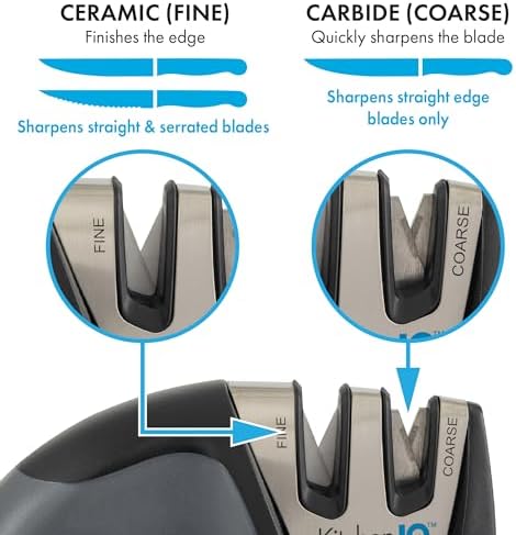 KitchenIQ 50009 Edge Grip 2-Stage Knife Sharpener, Black, Coarse & Fine Sharpeners, Compact for Easy Storage, Stable Non-Slip Base, Soft Grip Rubber Handle, Straight & Serrated Knives