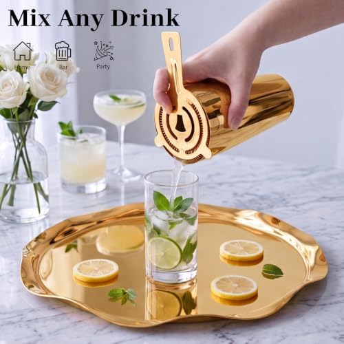 Boston Cocktail Shaker Set, 18 oz & 28 oz 2-Piece Tins, 304 Bartender Kit 15-Piece Bar Tool Set with Acrylic Stand & Recipe Book, for Novices & Pros, Home and Bar Use (Gold)