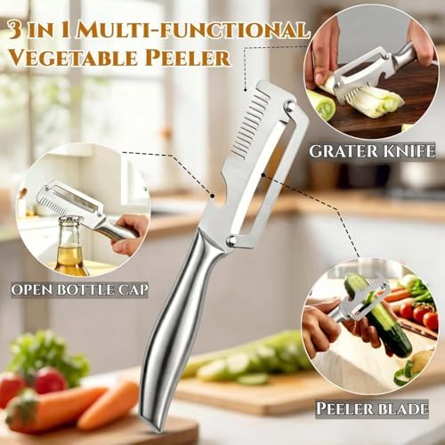 Premium Vegetable Peeler with Wooden Handle and Bottle Opener, Multi-Functional Vegetable Peeler for Fruit Pumpkin Peeling Potato and other vegetables or fruits (B-2pcs)