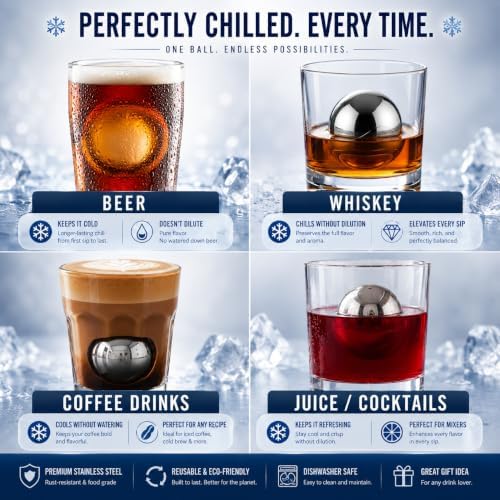 4 Premium XXL 55mm Stainless Steel Ice Whiskey Balls with Freezer Tray| Whiskey Rocks, Chilling Stones, Whiskey Stone Ice Cube Balls, Round Chilling Spheres (Not Solid Steel)