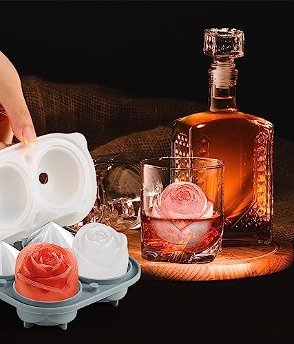 2Pack Silicone Square and Round Ice Cube Trays for Freezer - Sphere, Rose, Diamond Ice Molds for Whiskey, Cocktails & DIY, Gray