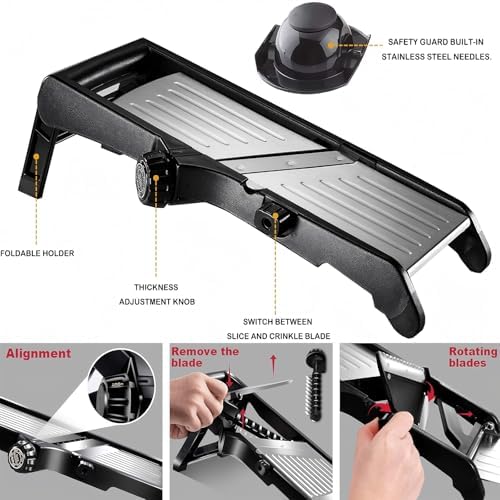 Mandoline Food Slicer for Kitchen, Adjustable Stainless Steel Mandoline Vegetable Slicer, Onion/Potato Slicer/French Fry Cutter, 6-Piece Fruit & Vegetable Cutting Set (Black/Silver)