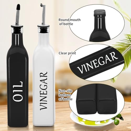 Olive Oil Dispenser Bottle,2 Pcs 17oz 500ml Glass O il and Vinegar Dispenser Set with 2 Stainless Steel Pourers, 8 Labels,Funnel Vinegar Bottles for Kitchen (Black Oil & White Vinegar)