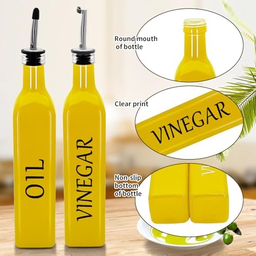 Olive Oil Dispenser Bottle,2 Pcs 17oz 500ml Glass O il and Vinegar Dispenser Set with 2 Stainless Steel Pourers, 8 Labels,Funnel Vinegar Bottles for Kitchen (Yellow)