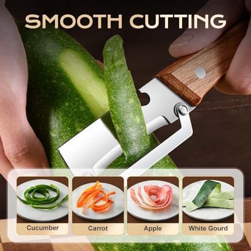 Multi-Functional Vegetable Peeler for Kitchen, 2 in 1 Fruit Peeler and Bottle Opener, Stainless Steel Curved Blade Fruit & Vegetable Peeler for Potato Pumpkin Papaya Zucchini (Wood_1 Pack)