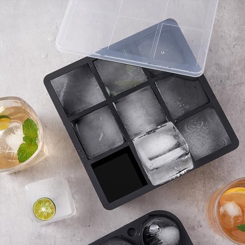 WonderWorld Ice Cube Tray, 9 Portions Gaint Silicone Freezer Tray with lids, 2 Inch Big Ice Maker for Whishkey, 2 pack