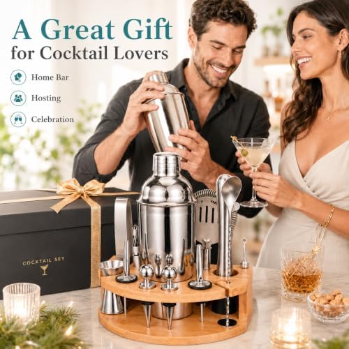 Cocktail Shaker Set with Bamboo Stand, 12-Piece 25oz Stainless Steel Bartender Kit, Martini & Margarita Bar Tools for Home Bar, Drink Mixer Set, Housewarming Gift, Silver