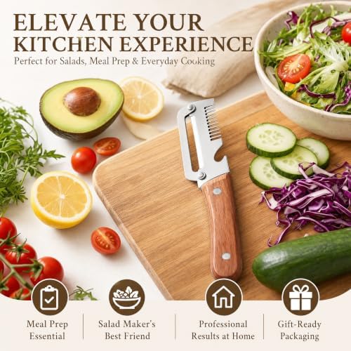 Upgrade Vegetable Peeler and Julienne Peeler Set, 2-Pcs Multifunctional Stainless Steel Veggie Peelers for Kitchen with Wood Handles & Built-in Bottle Opener, Sharp Potato, Carrot & Scallion Shredder