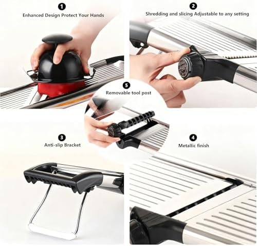 Adjustable Mandoline Food Slicer, Mandoline Slicer for Kitchen, Mandolin, Potato, Tomato, Carrot, Onion Cutter and Fruit - Stainless Steel - 6-Piece Fruit & Vegetable Cutting Set (Silver)