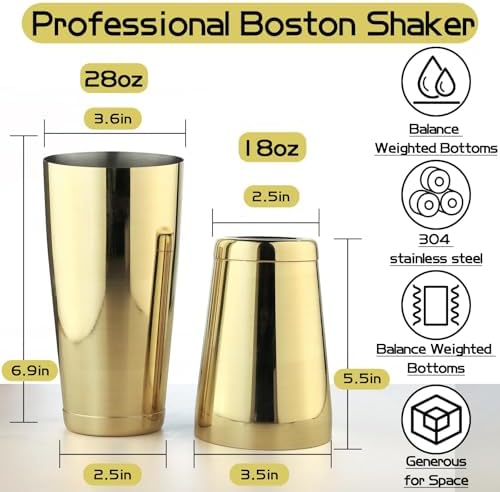 Stainless Steel Cocktail Shaker - 2 Piece 18oz & 28oz Boston Cocktail Shaker Bar Shaker Set Martini Shaker Set Bartender Shakers for Bartending - Gold