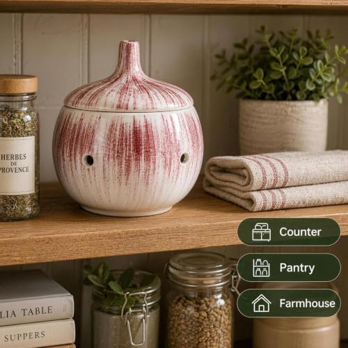 Brush Glaze Ceramic Garlic Container Keeper Holder Counter Storage Pot Kitchen Pantry Farmhouse Dining Table Countertop Organizer