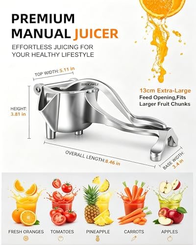 Hand Juicer Lemon Squeezer Press Manual Fruit Juice Metal Handheld Stainless Steel Cast Iron Citrus Ergonomic Tool Extractor Heavy Duty Large Capacity Effort Saving Easy Clean Kitchen Gadget