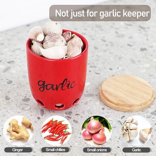Ceramic Garlic Keeper for Counter with Wood Lid (Red)