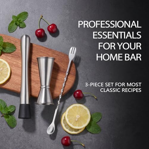 Muddler for Cocktails, 10 Inches Bar Spoon, 1 oz 2 oz Double Jigger- Premium 3 Piece Silver Mixing Tools Set for Drinks