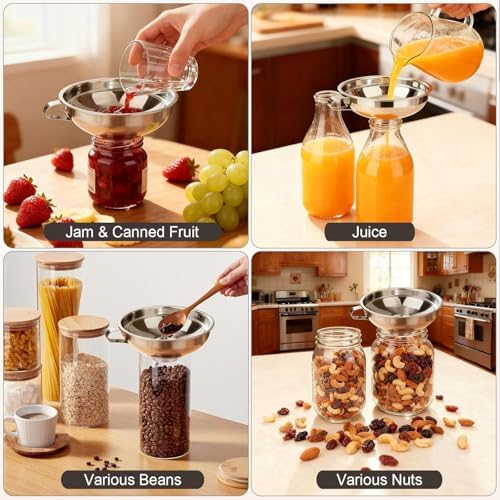 Canning Funnel with Strainer, Wide Mouth Funnels for Filling Wide and Regular Mason Jars Three-Piece Set, Food Grade Stainless Steel Canning Supplies for Kitchen Use (Silvery)