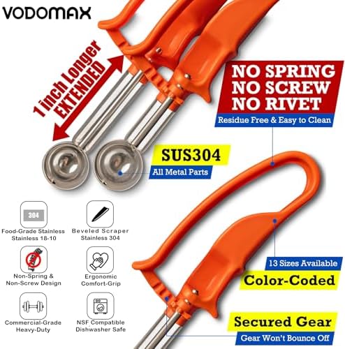【Extended】#20 YELLOW (1.77 oz.) VODOMAX Heavy Duty Food Disher, Portion Scoop, Stainless 18-10 (SUS304), Potato Salad Disher, Palm-Squeeze, 13 Sizes, Color-Coded, Ice Cream Scoop, Gelato Scoop