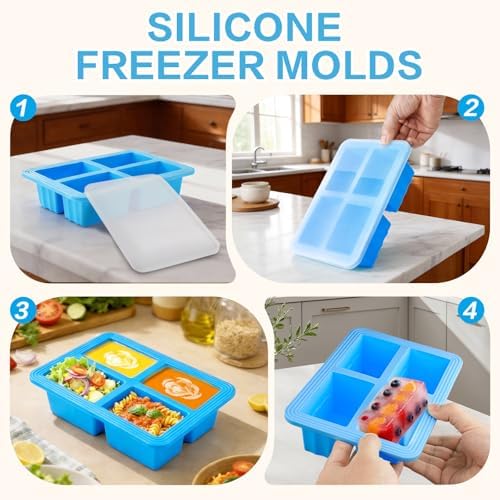 2 Pack Silicone Soup Freezer Molds with Lids, 1 Cup Silicone Freezing Soup Container, Ice Cube Trays for Freezer, Freeze Broth,Sauce,Leftovers, 250mL /125mL Portions, Blue