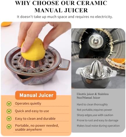 Lemon Orange Grapefruit Juicer Manual Squeezer Ceramic Hand Juicer Reamer Rotation Press with Strainer& 5oz Bowl, Pour Spout, Handle, Dishwasher Safe, Easy to Clean,Caramel Brown