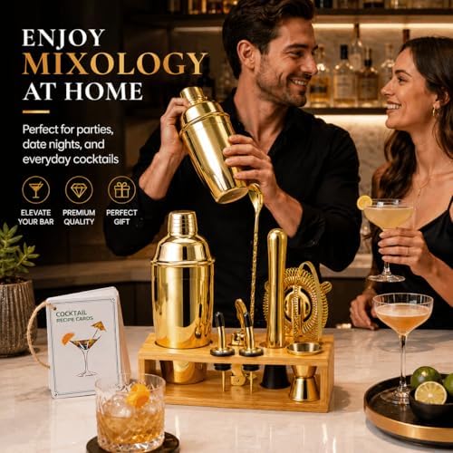 Gold Cocktail Shaker Set, Premium 18/8 Stainless Steel Mixology Bartender Kit with Stylish Bamboo Stand 10-Piece Bar Tools & Accessories for Home Bar for Men, Dad, Husband