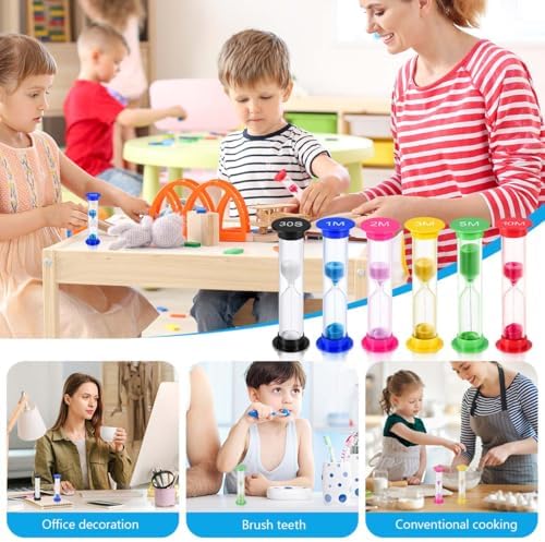 Sand Timer, KISEER 6 Pcs Colorful Hourglass Sandglass Sand Clock Timers Set 30sec / 1min / 2mins / 3mins / 5mins / 10mins for Brushing Children's Teeth, Cooking, Game, School, Office