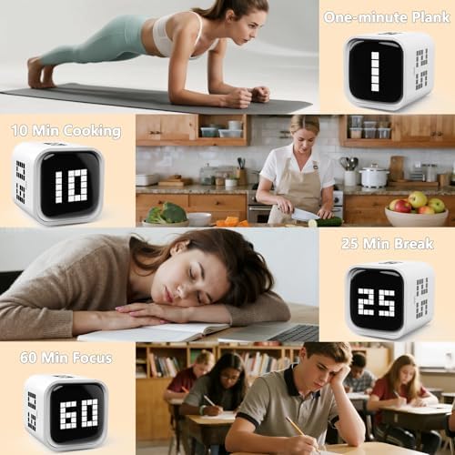 Rotating Focus Timer, 5/25/10/60-Minute Pomodoro Timer, Desk Flip Countdown with Vibration & Volume Control, ADHD-Friendly Tool for Office, Study, and Kitchen (White)