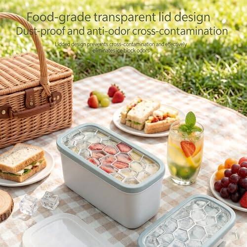 Ice Cube Tray with Lid & Bin – 78 Cubes, BPA Free, Dishwasher Safe, Stackable Ice Trays for Freezer with Free Scoop, Silicone Mold for Cocktails, Coffee, Iced Tea – Nordic Green