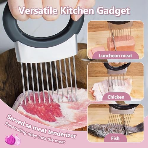 Stainless Steel Onion Slicer, 2025 Upgraded Onion Holder for Slicing, Kitchen Gadgets Vegetable Chopper for Lemon, Potato and Tomato Slicer (1pc)