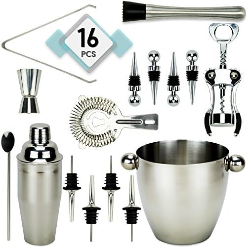 Home Bartender Kit, 16-piece Bar Set - Cocktail Mixing Tools and Martini Drink Shaker Set - Stainless-Steel Barware + Bar Cart Accessories – 24 oz. Shaker, Jigger, Corkscrew, Muddler Strainer + More