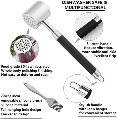 Meat Tenderizer Hammer, 304 Stainless Steel Kitchen Mallet Meat Hammer Dishwasher Safe With Silicone Grip Handle Case & brush Cooking Food Beater Flattener & Meat Pounder Tenderizer Tool