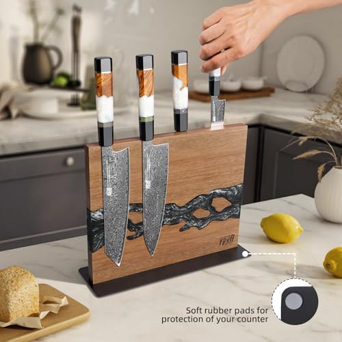 FINDKING Magnetic Knife Block, Double-Sided Knife Holder with Strong Magnets, Acacia Wood and Black White Resin, Countertop Kitchen Knife Storage Stand (12 × 10 Inches, Without Knives)