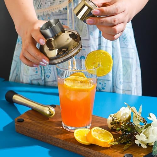 Cocktail Shaker Set 17oz, Gold Glass Martini Shaker with Strainer & Lid, Durable Bar Tools for Home Bartenders, Gift Box Included