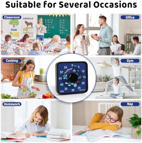 Secura 7.5-Inch Astronaut Pattern Visual Timer for Kids, 60-Minute Countdown Timer for Classroom or Kitchen, Durable Mechanical Timer Clock with Magnetic Backing (Black)