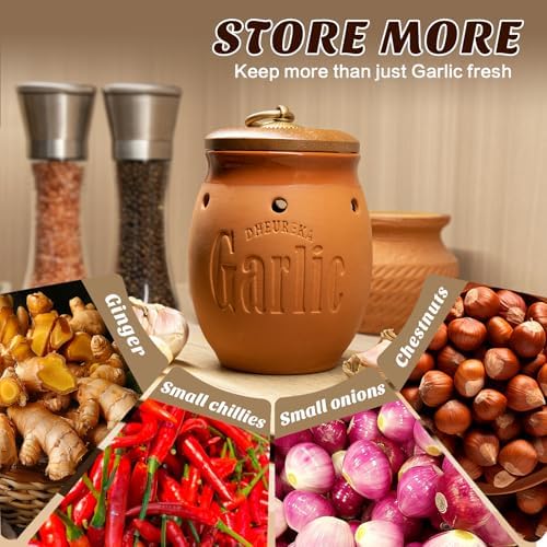 Garlic Keeper with Wooden Lid, 19 oz Clay Garlic Storage Container to Keep Garlic Cloves Fresh Longer, Countertop Organizer, Farmhouse Kitchen Decor and Accessories, Terracotta