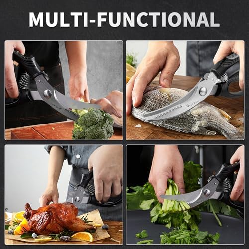 Heavy Duty Kitchen Poultry Shears with 2 Springs, Non-Slip Handle & Safety Lock, Dishwasher Safe, Stainless Steel Scissors for Meat, Chicken, Bones, Fish, Vegetables, and More