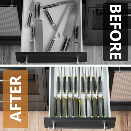 Domax Bamboo In-drawer Knife Block - Kitchen Knife Drawer Organizer Insert, Knife Holder without Knives Large, Drawer Knife Organizer Fits for 16 knives and 1 Sharpening Steel (Not Included), White
