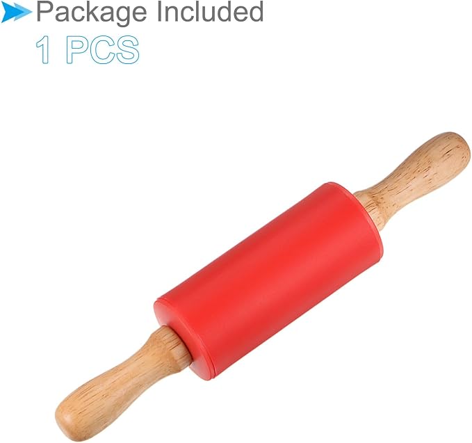 Silicone Rolling Pins, 9.25" Length, Silicone & Oak Non-Stick Ergonomic Wooden Handle Fondant Dough Roller Red - (Applications: for Baking DIY Projects)