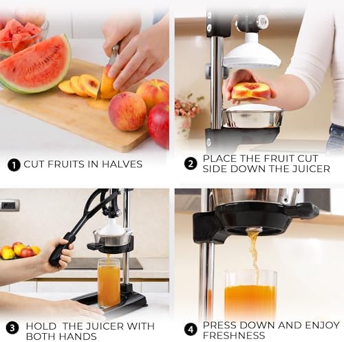 Zulay Kitchen Pulperizer 9 in 1 Cast Iron Juicer - Easy-to-Clean Heavy-Duty Manual Juicer with Presser Attachment to Juice All Types of Fruits! Extra Tall with Stainless Steel Bowl - Black