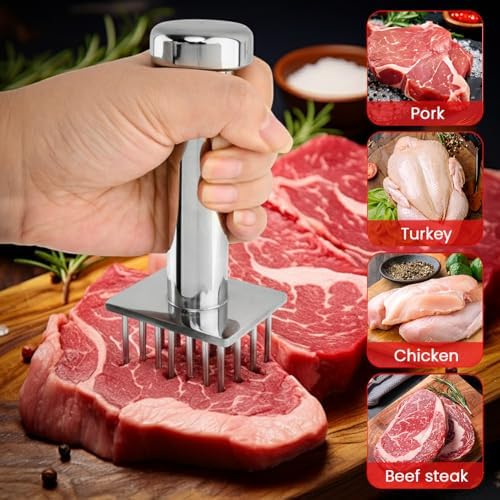Stainless Steel Meat Tenderizer Tool with 18 Sharp Needles, Marinating Prep Tool with free cleaning brush, Durable Meat Mallet Hammer for Tenderizing Steak, Beef, Chicken, Pork(Silver)