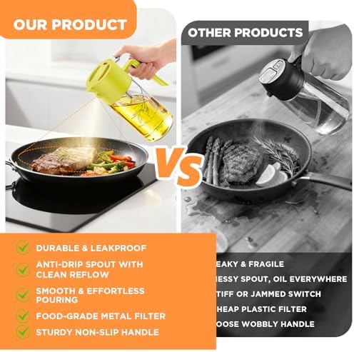 PLAPITATE 2Pcs 17oz Premium Olive Oil Sprayer for Cooking, 2 in 1 Glass Olive Oil Dispenser Bottle for Kitchen Gadgets, Spray Bottle with Portion Control for Salad, Frying, BBQ (Black & Lime Yellow)