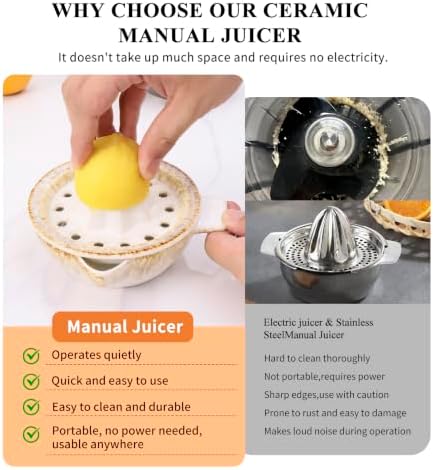 Lemon Orange Grapefruit Juicer Manual Squeezer Ceramic Hand Juicer Reamer Rotation Press with Strainer& 5oz Bowl, Pour Spout, Handle, Dishwasher Safe, Easy to Clean,Sandy Beige